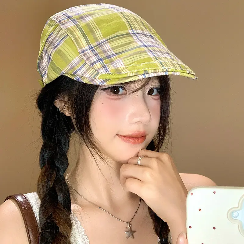 Women Japanese Plaid Forward Cap Spring Summer Beret - Image 4