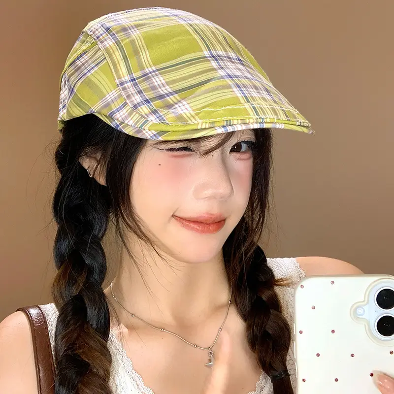 Women Japanese Plaid Forward Cap Spring Summer Beret - Image 5