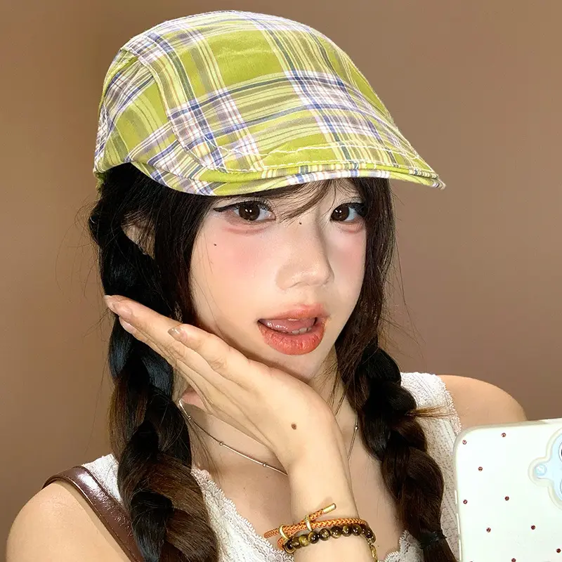Women Japanese Plaid Forward Cap Spring Summer Beret - Image 6