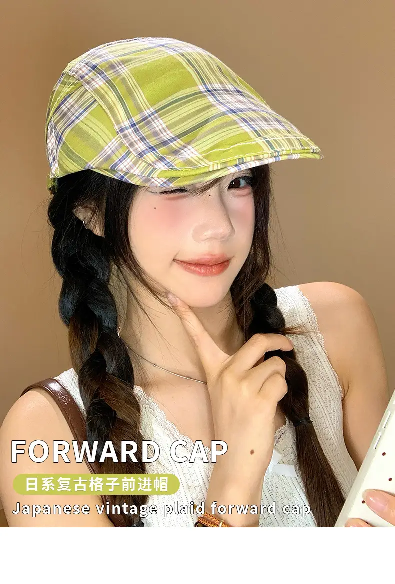 Women Japanese Plaid Forward Cap Spring Summer Beret — feature 1