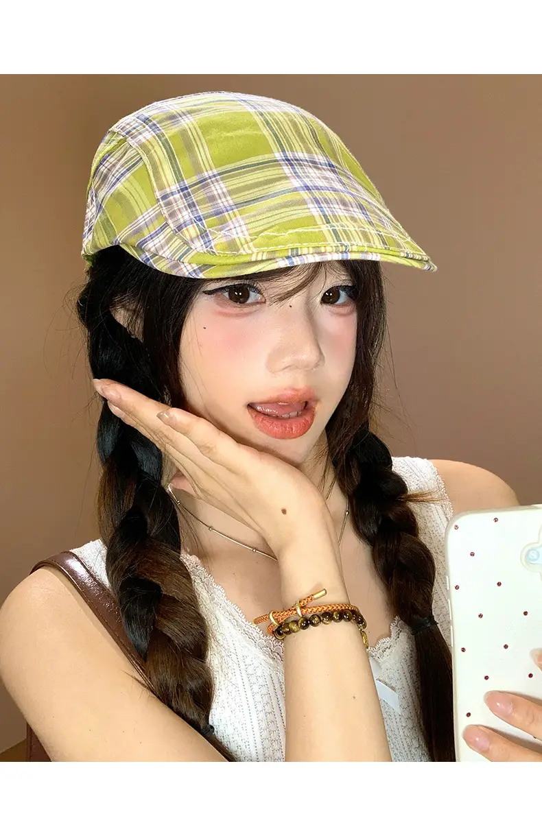 Women Japanese Plaid Forward Cap Spring Summer Beret — feature 11