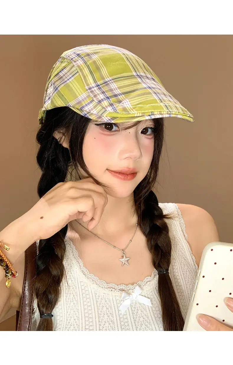 Women Japanese Plaid Forward Cap Spring Summer Beret — feature 12