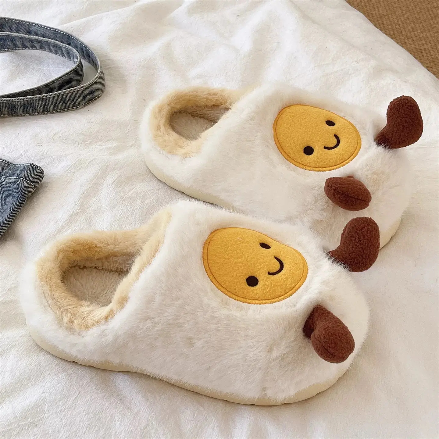 Cute Fried Egg Cotton Slippers Women Winter Warm Anti-Slip - Image 3