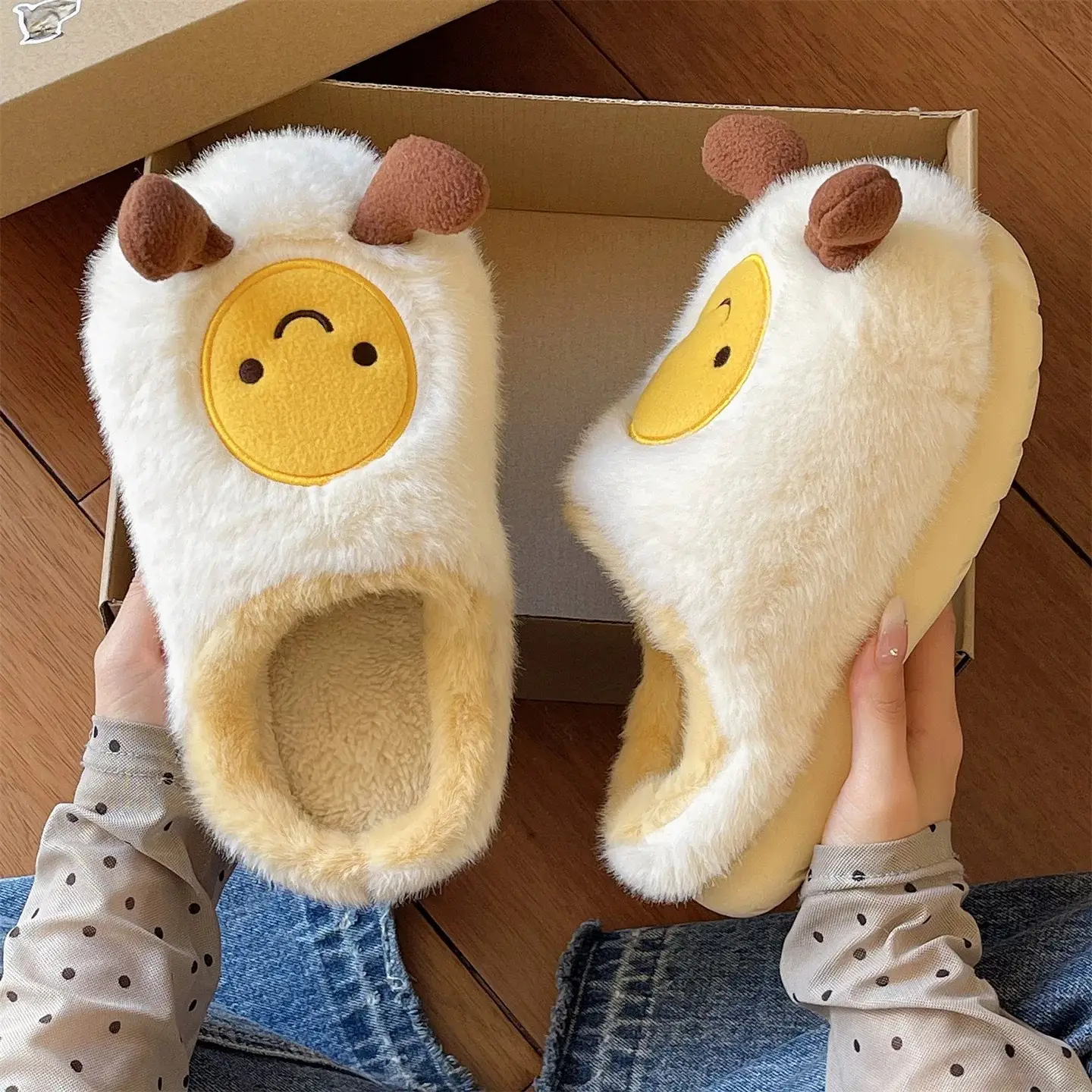 Cute Fried Egg Cotton Slippers Women Winter Warm Anti-Slip - Image 5