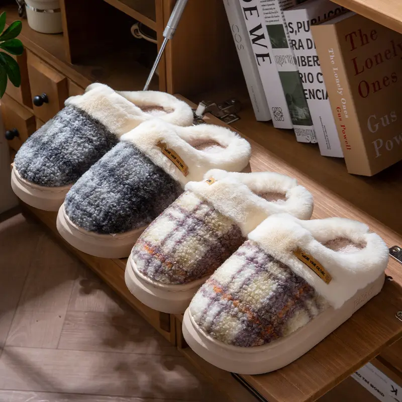 2025 Non-Slip Autumn and Winter Cotton Slippers for Women Plush Color Matching Warm Shoes Indoor Couple Home Thick-Soled Lazy Cotton Slippers - Image 10