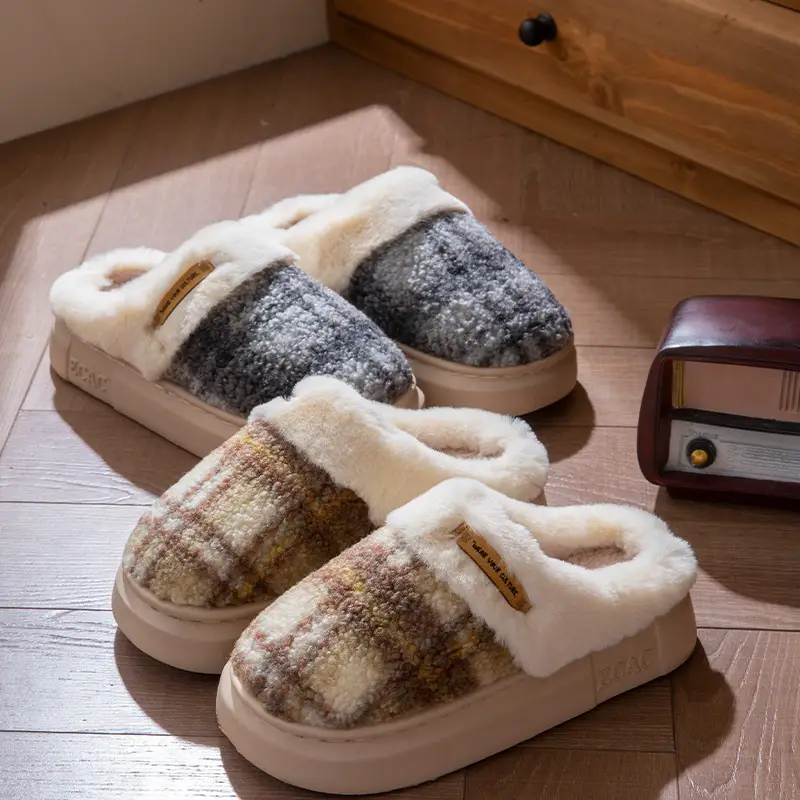 2025 Non-Slip Autumn and Winter Cotton Slippers for Women Plush Color Matching Warm Shoes Indoor Couple Home Thick-Soled Lazy Cotton Slippers - Image 11