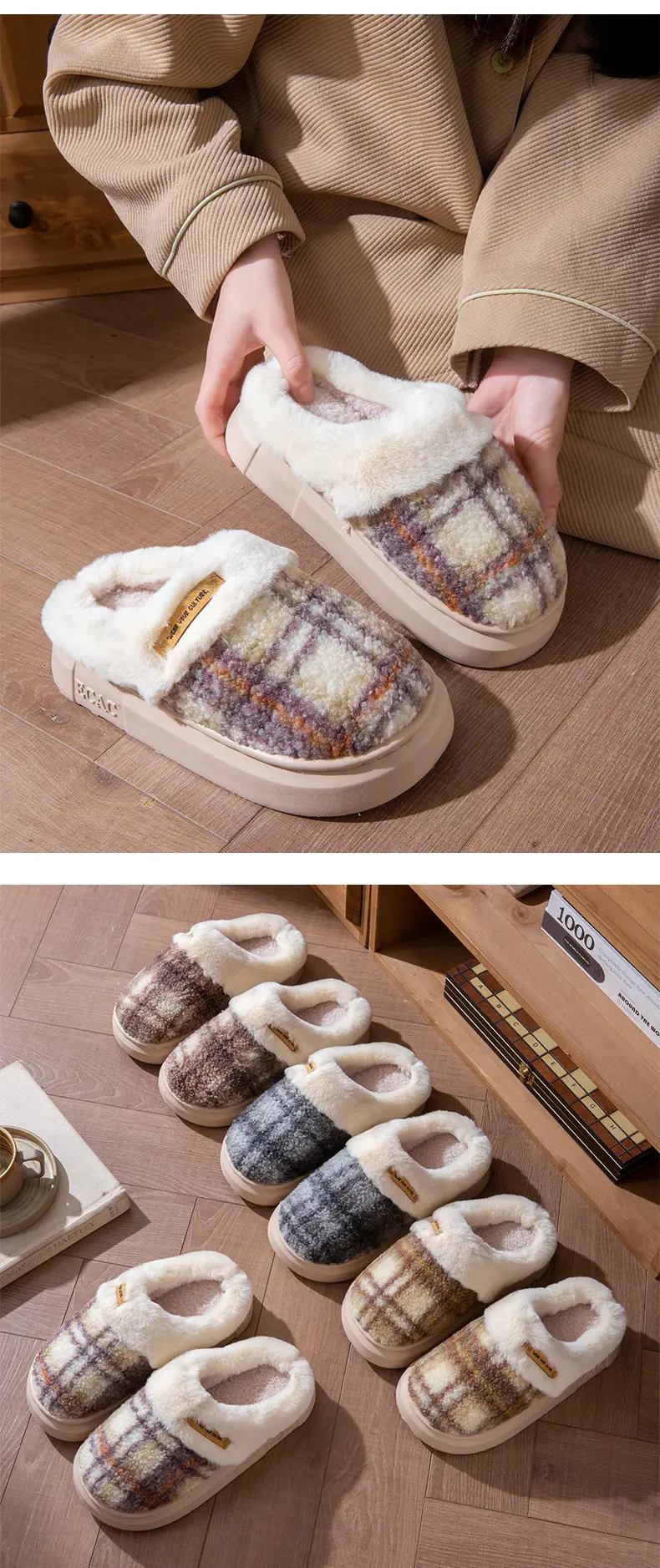 2025 Non-Slip Autumn and Winter Cotton Slippers for Women Plush Color Matching Warm Shoes Indoor Couple Home Thick-Soled Lazy Cotton Slippers — feature 10