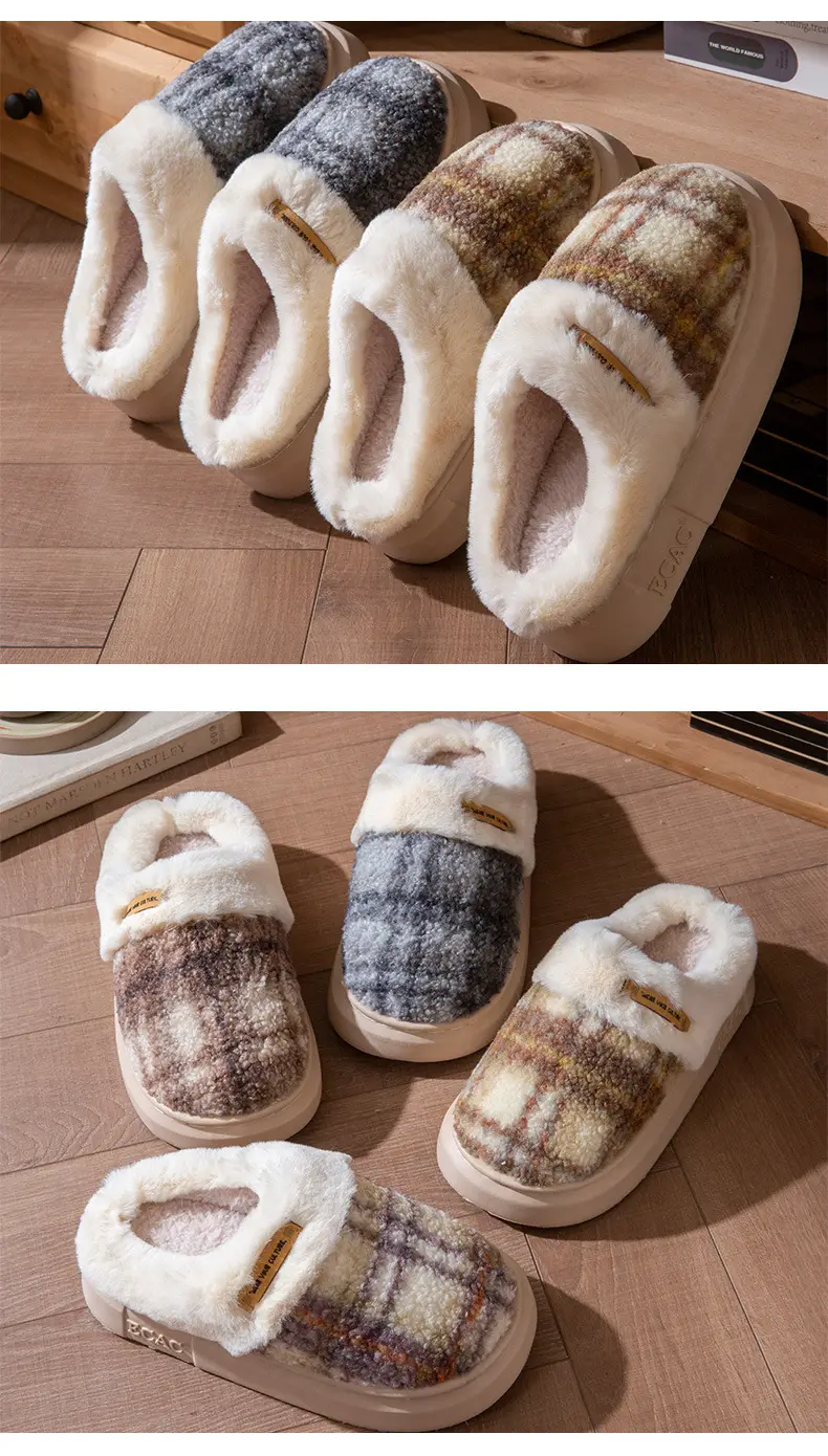 2025 Non-Slip Autumn and Winter Cotton Slippers for Women Plush Color Matching Warm Shoes Indoor Couple Home Thick-Soled Lazy Cotton Slippers — feature 8