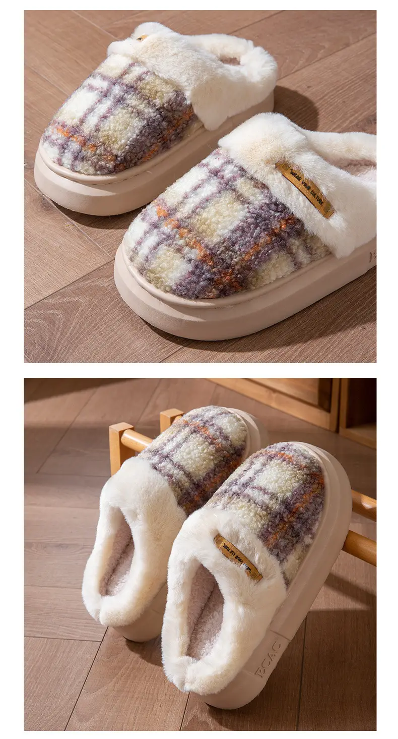 2025 Non-Slip Autumn and Winter Cotton Slippers for Women Plush Color Matching Warm Shoes Indoor Couple Home Thick-Soled Lazy Cotton Slippers — feature 9