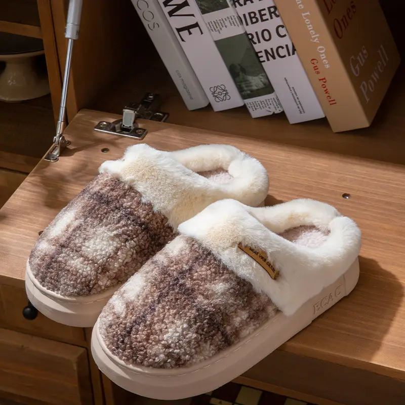 2025 Non-Slip Autumn and Winter Cotton Slippers for Women Plush Color Matching Warm Shoes Indoor Couple Home Thick-Soled Lazy Cotton Slippers - Image 2