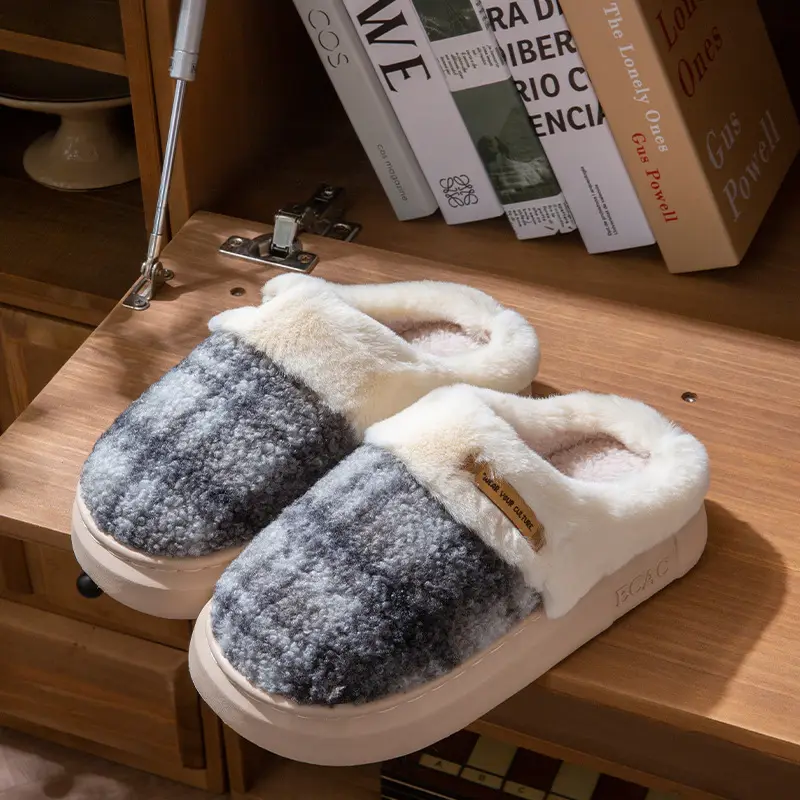 2025 Non-Slip Autumn and Winter Cotton Slippers for Women Plush Color Matching Warm Shoes Indoor Couple Home Thick-Soled Lazy Cotton Slippers - Image 3