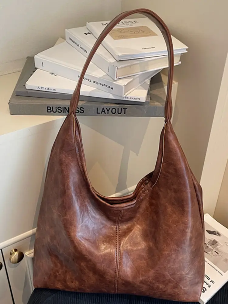 Autumn Retro Brown Leather Shoulder Tote Bag Large Capacity - Image 4