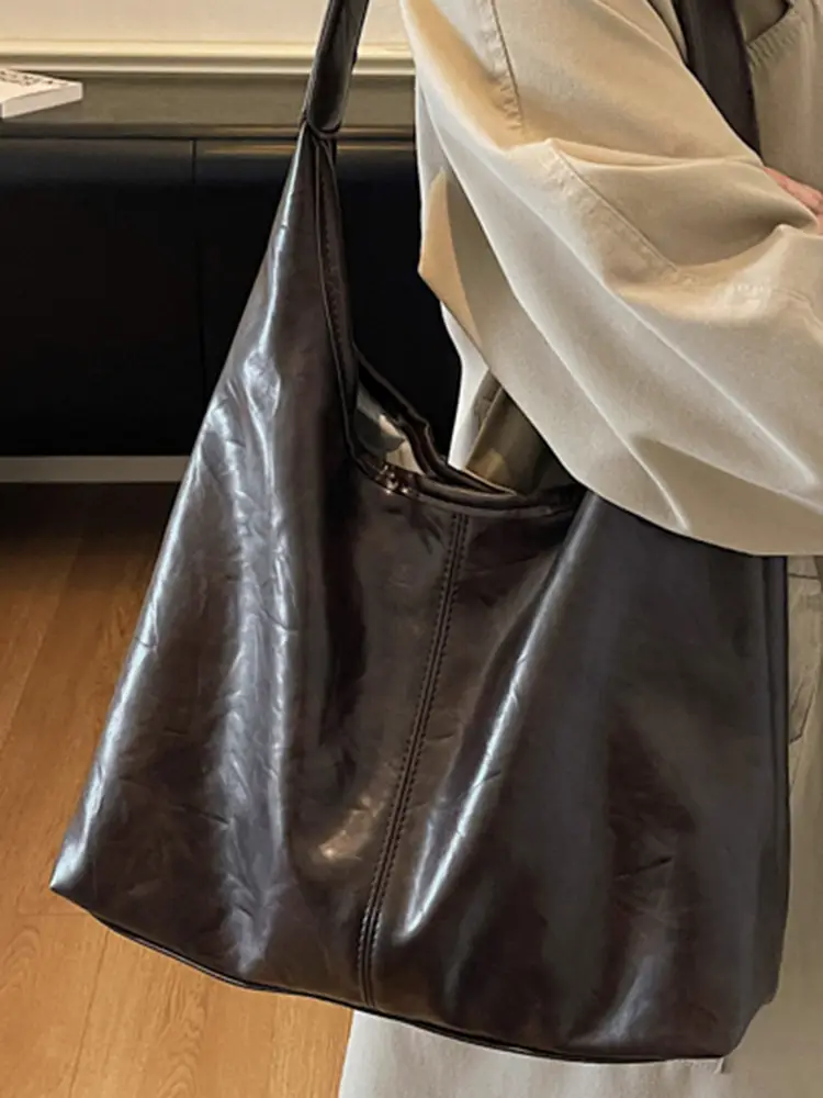Autumn Retro Brown Leather Shoulder Tote Bag Large Capacity - Image 6