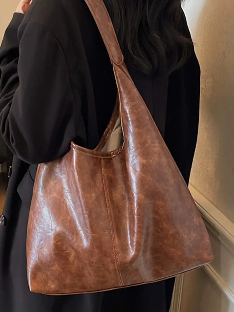 Autumn Retro Brown Leather Shoulder Tote Bag Large Capacity - Image 7
