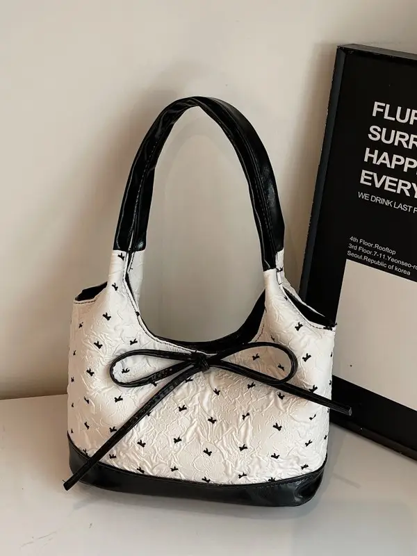 Women's Bowknot Embroidered Shoulder Bag White Black - Image 4