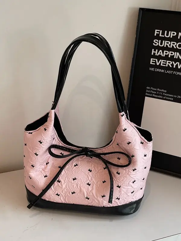 Women's Bowknot Embroidered Shoulder Bag White Black - Image 5