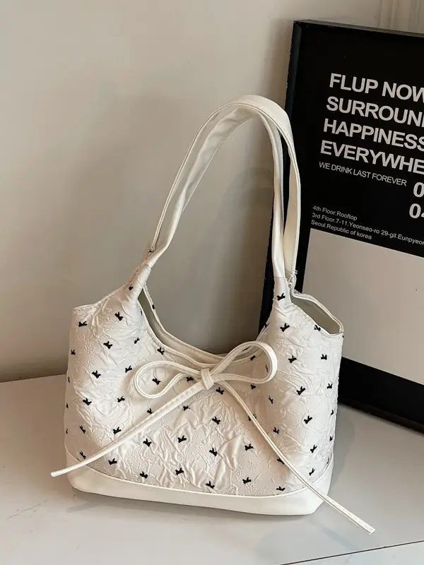 Women's Bowknot Embroidered Shoulder Bag White Black - Image 6