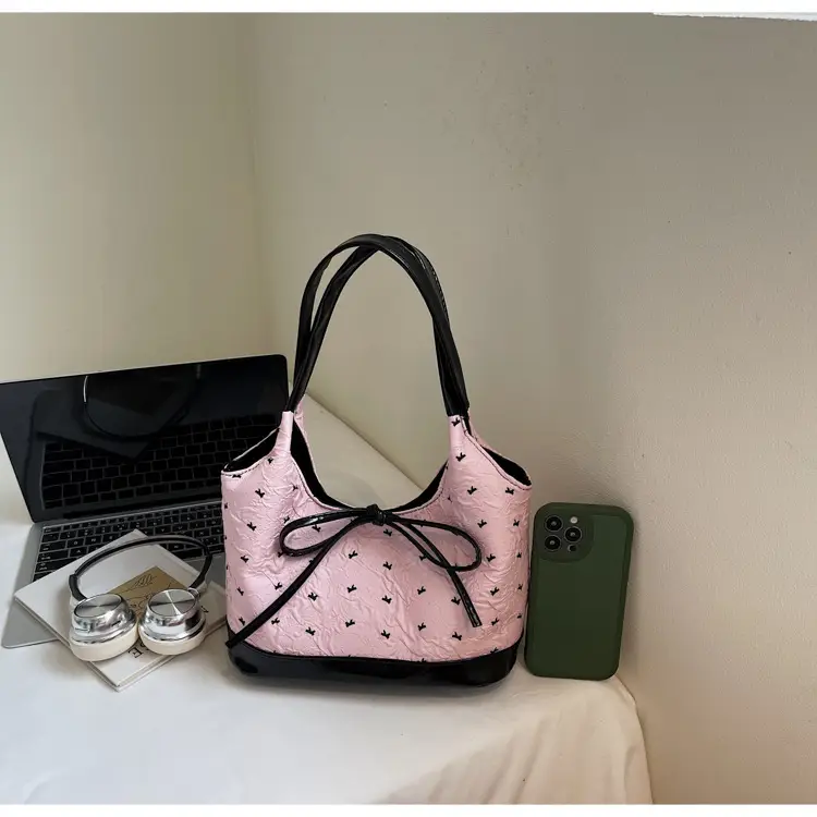 Women's Bowknot Embroidered Shoulder Bag White Black — feature 10