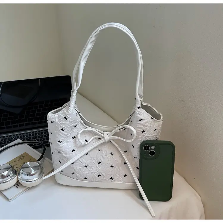 Women's Bowknot Embroidered Shoulder Bag White Black — feature 14