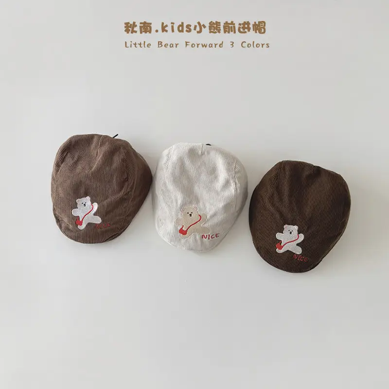 Cute Bear Corduroy Hat for Boys Girls Autumn Winter