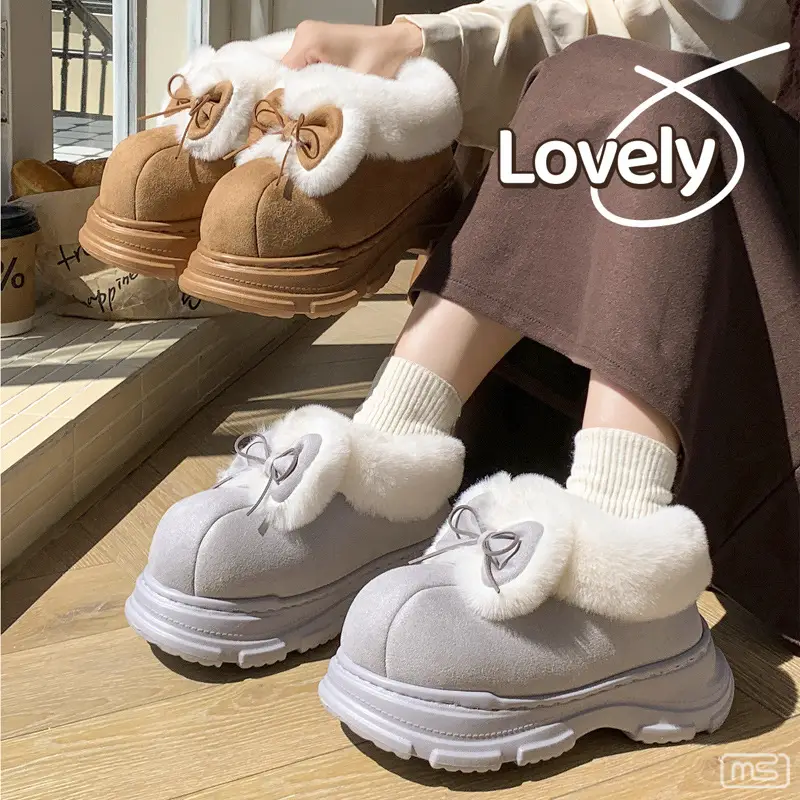 Plush Cotton Slippers for Women in Autumn and Winter, Cute and Versatile, Bag-Heeled Cotton Shoes for Outdoor Wear, Home and Indoor Soft-Soled Warm Snow Boots