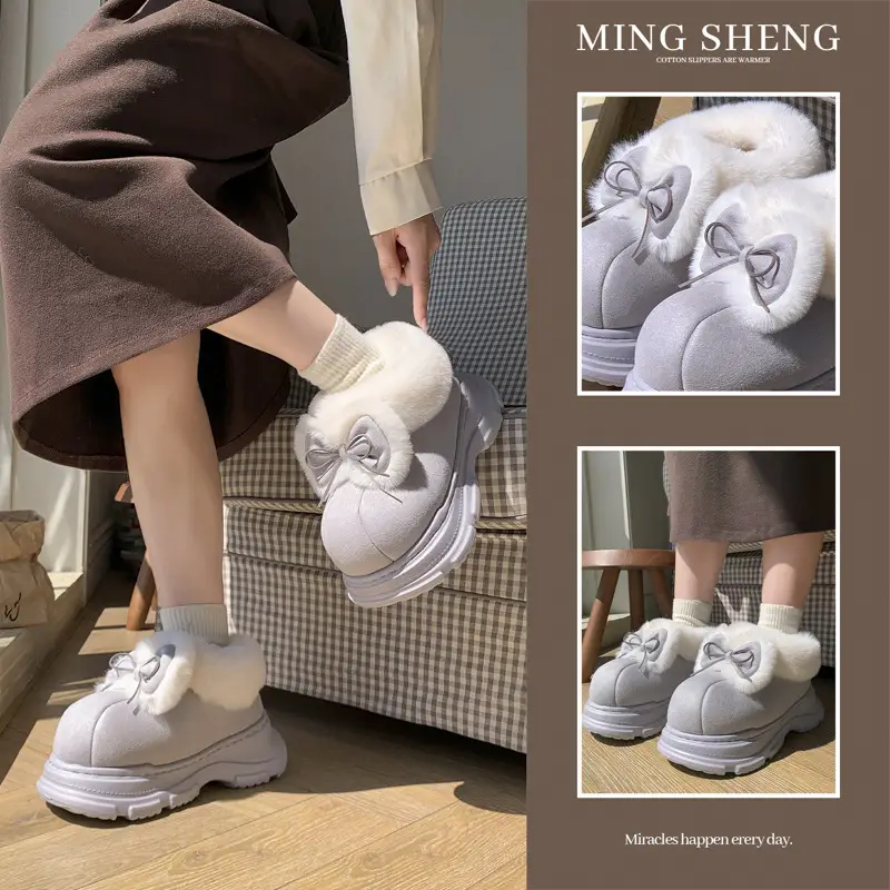Plush Cotton Slippers for Women in Autumn and Winter, Cute and Versatile, Bag-Heeled Cotton Shoes for Outdoor Wear, Home and Indoor Soft-Soled Warm Snow Boots