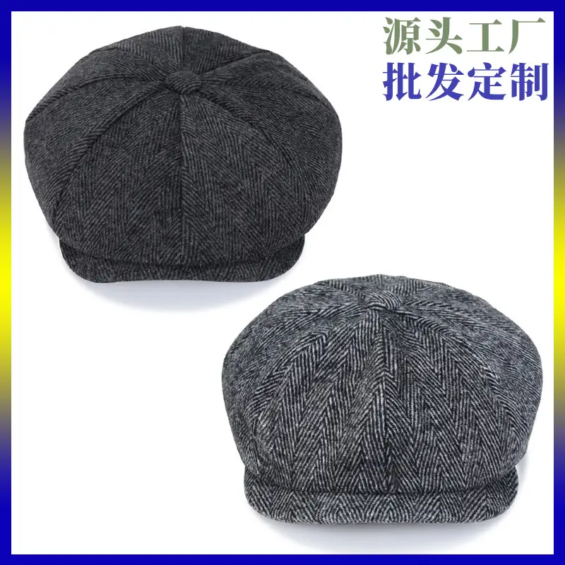 Men's Retro Black Herringbone Beret Hat - Image 3