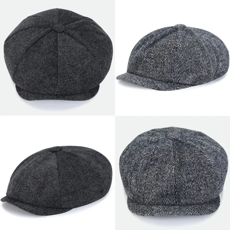 Men's Retro Black Herringbone Beret Hat - Image 4