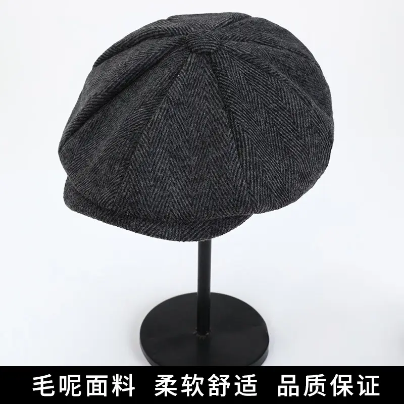 Men's Retro Black Herringbone Beret Hat - Image 5