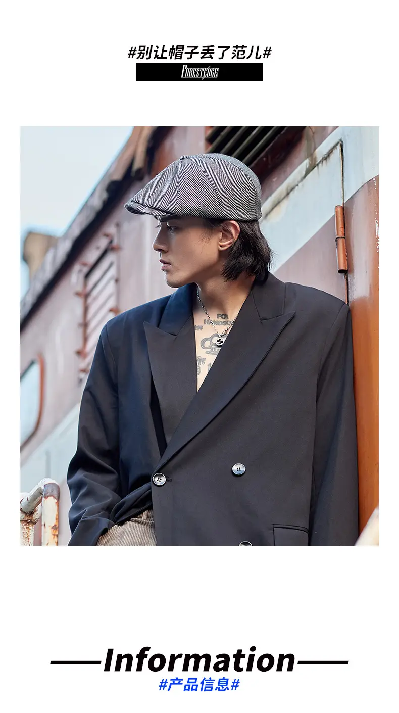 Men's Retro Black Herringbone Beret Hat — feature 3