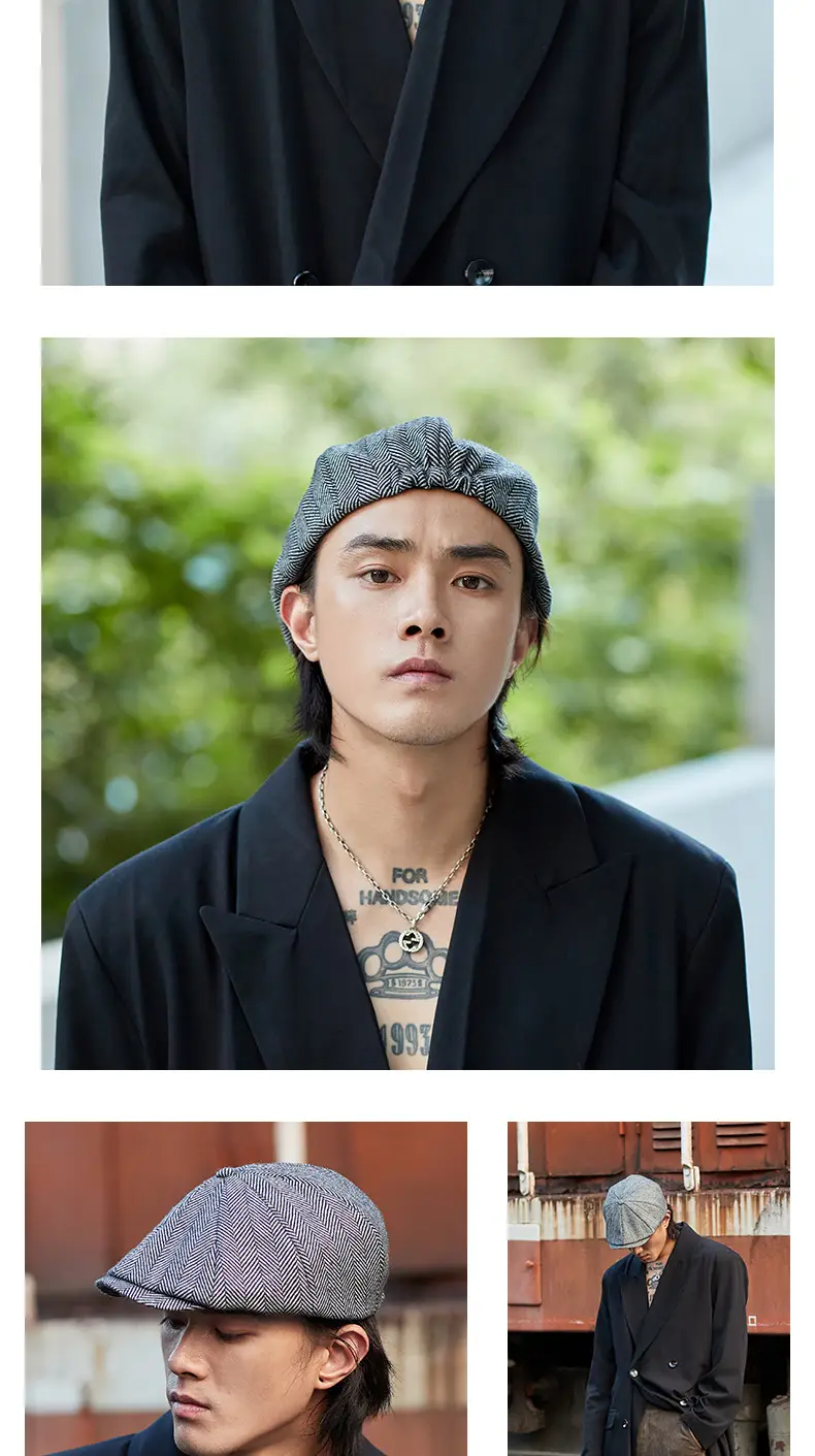 Men's Retro Black Herringbone Beret Hat — feature 5