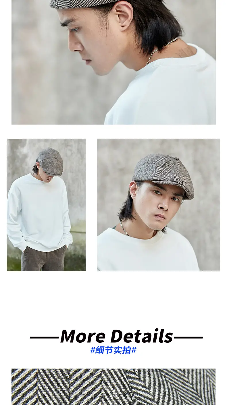 Men's Retro Black Herringbone Beret Hat — feature 7