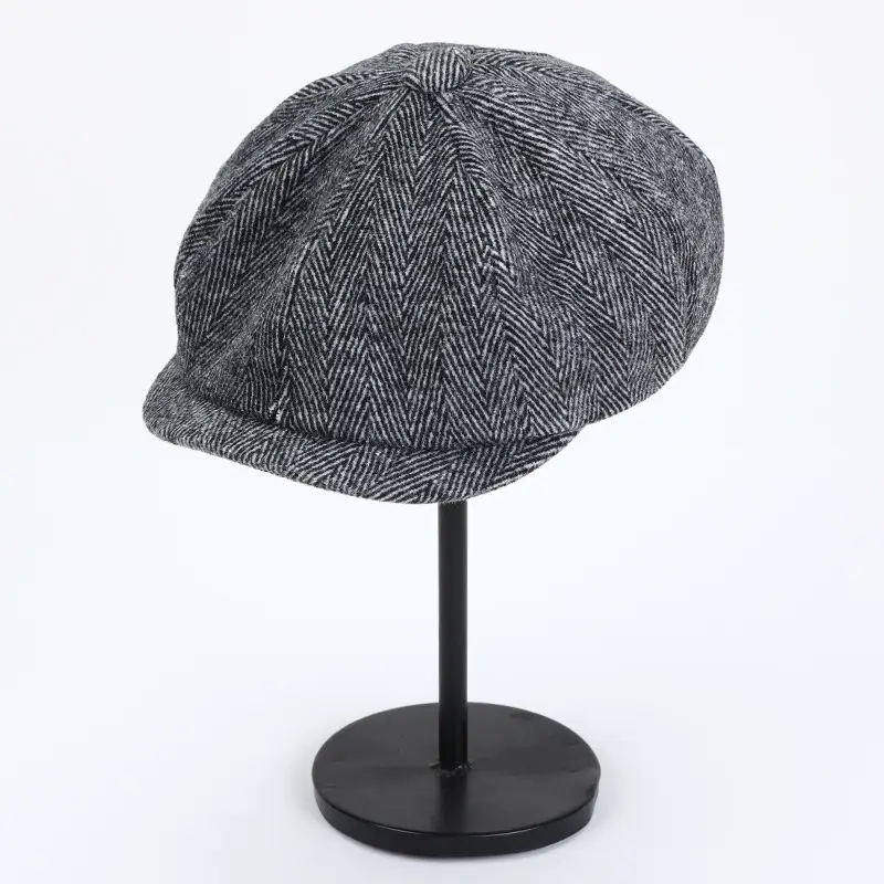 Men's Retro Black Herringbone Beret Hat - Image 2