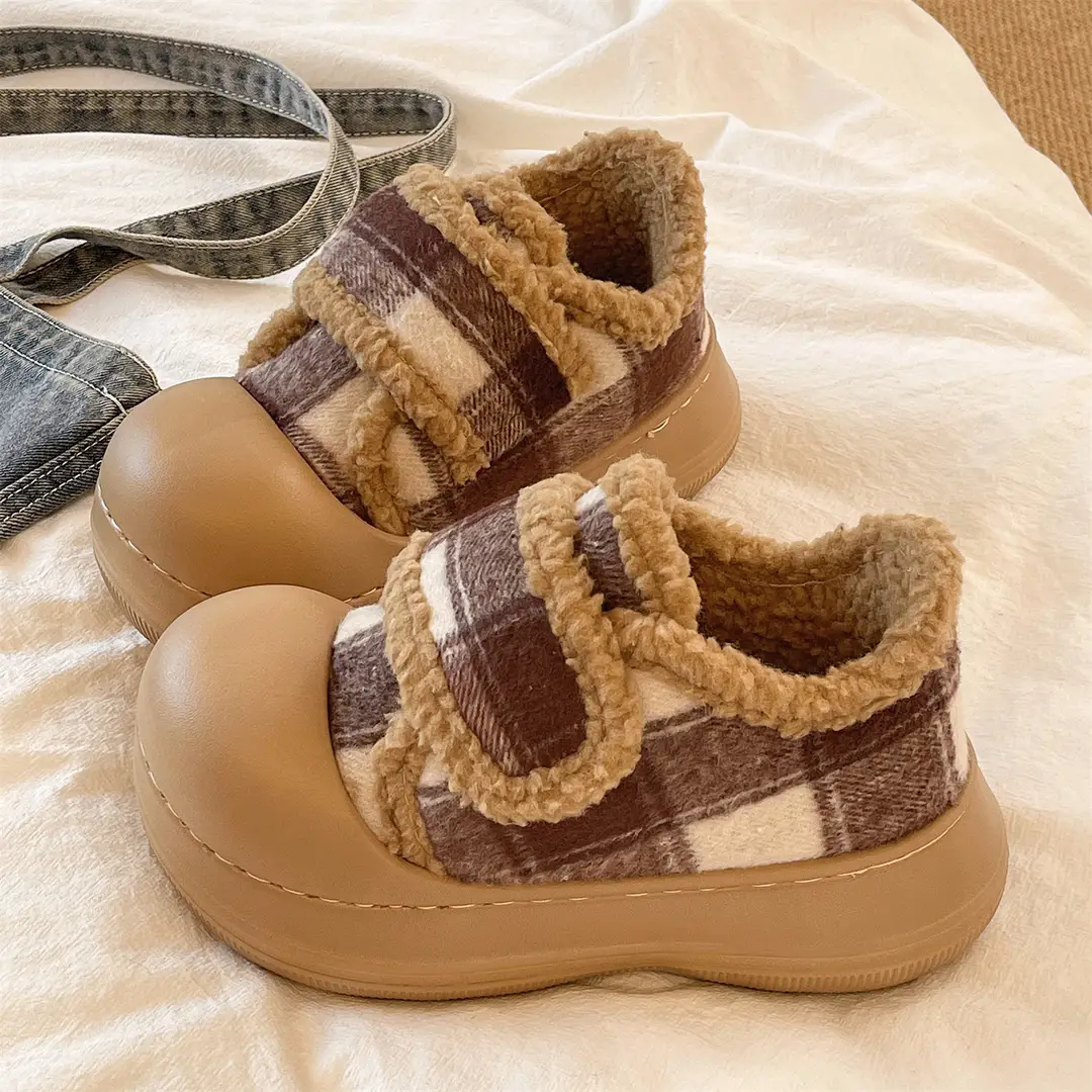 Velcro Cotton Shoes for Women in Winter Indoor Home Use Thick-Soled Non-Slip Fleece-Lined Heel Warm and Fashionable Plaid Cotton Slippers - Image 4