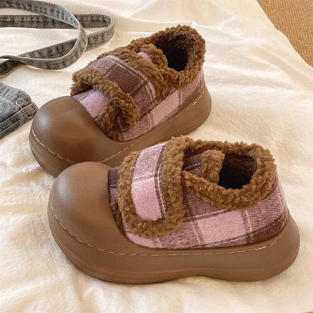 Velcro Cotton Shoes for Women in Winter Indoor Home Use Thick-Soled Non-Slip Fleece-Lined Heel Warm and Fashionable Plaid Cotton Slippers - Image 2