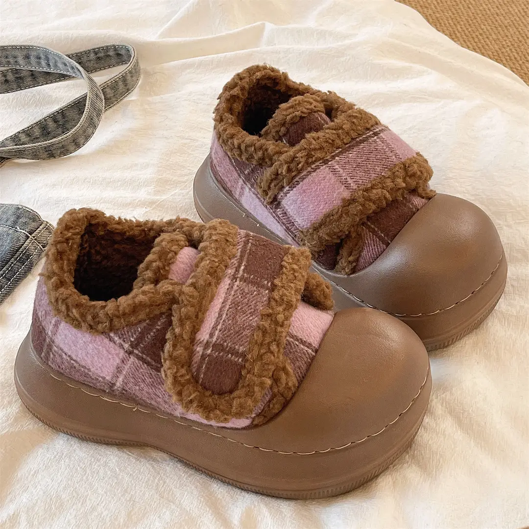 Velcro Cotton Shoes for Women in Winter Indoor Home Use Thick-Soled Non-Slip Fleece-Lined Heel Warm and Fashionable Plaid Cotton Slippers - Image 5