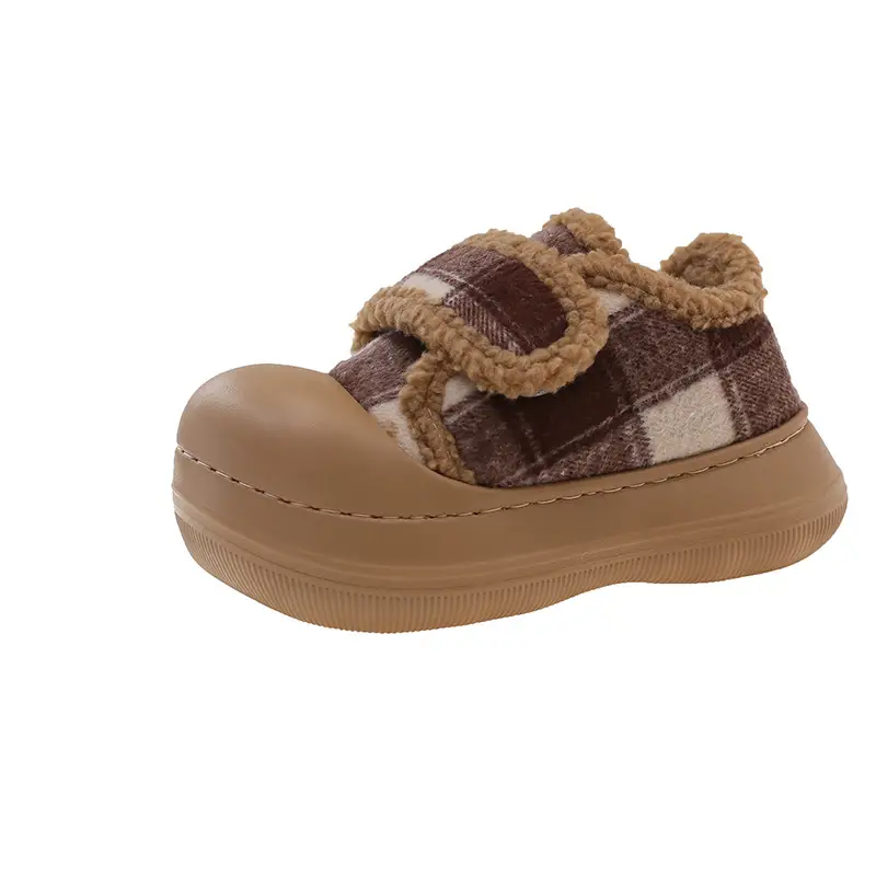 Velcro Cotton Shoes for Women in Winter Indoor Home Use Thick-Soled Non-Slip Fleece-Lined Heel Warm and Fashionable Plaid Cotton Slippers - Image 6