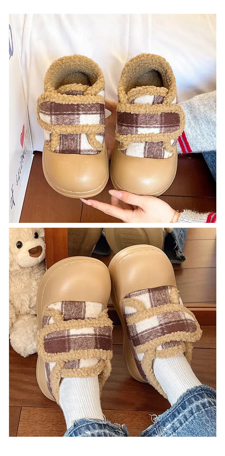 Velcro Cotton Shoes for Women in Winter Indoor Home Use Thick-Soled Non-Slip Fleece-Lined Heel Warm and Fashionable Plaid Cotton Slippers — feature 10