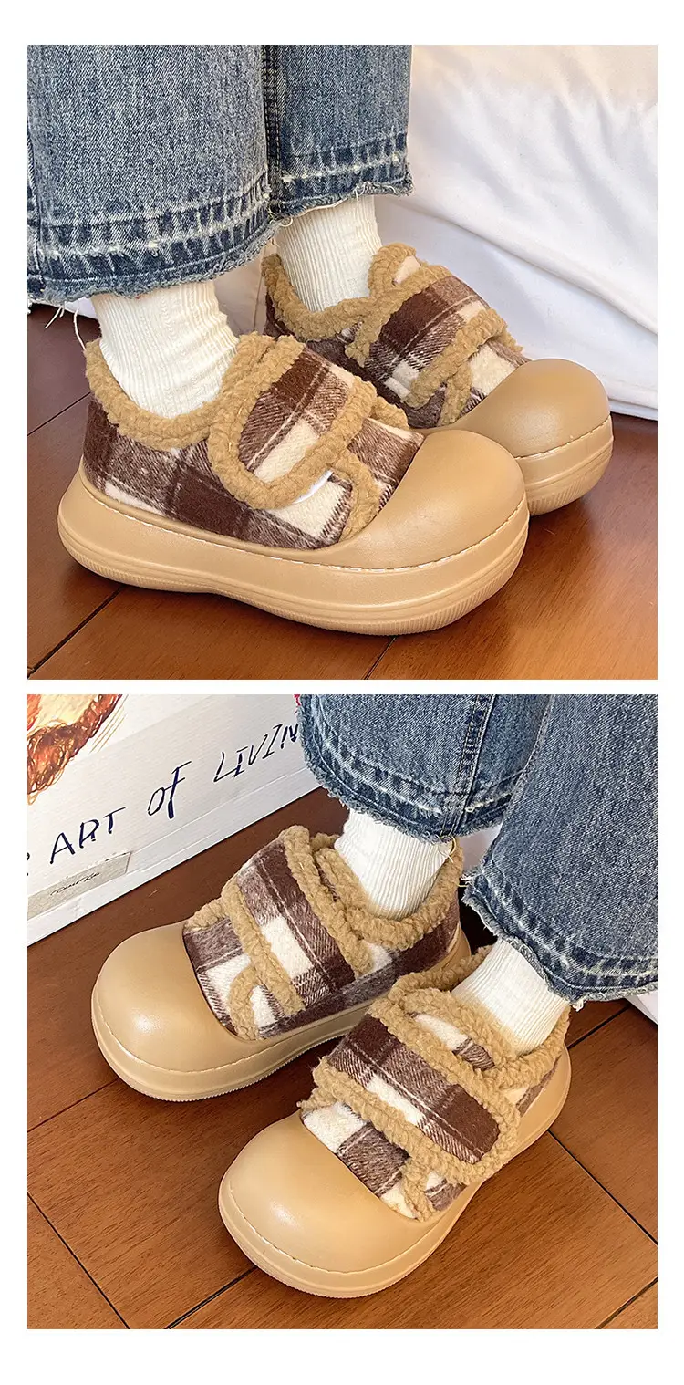 Velcro Cotton Shoes for Women in Winter Indoor Home Use Thick-Soled Non-Slip Fleece-Lined Heel Warm and Fashionable Plaid Cotton Slippers — feature 11