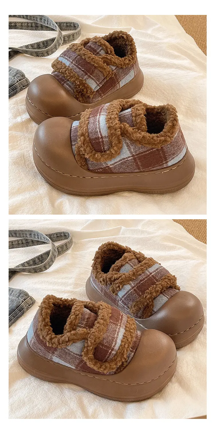 Velcro Cotton Shoes for Women in Winter Indoor Home Use Thick-Soled Non-Slip Fleece-Lined Heel Warm and Fashionable Plaid Cotton Slippers — feature 12