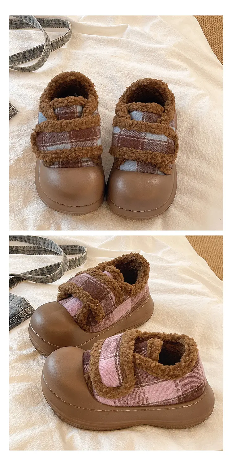 Velcro Cotton Shoes for Women in Winter Indoor Home Use Thick-Soled Non-Slip Fleece-Lined Heel Warm and Fashionable Plaid Cotton Slippers — feature 13
