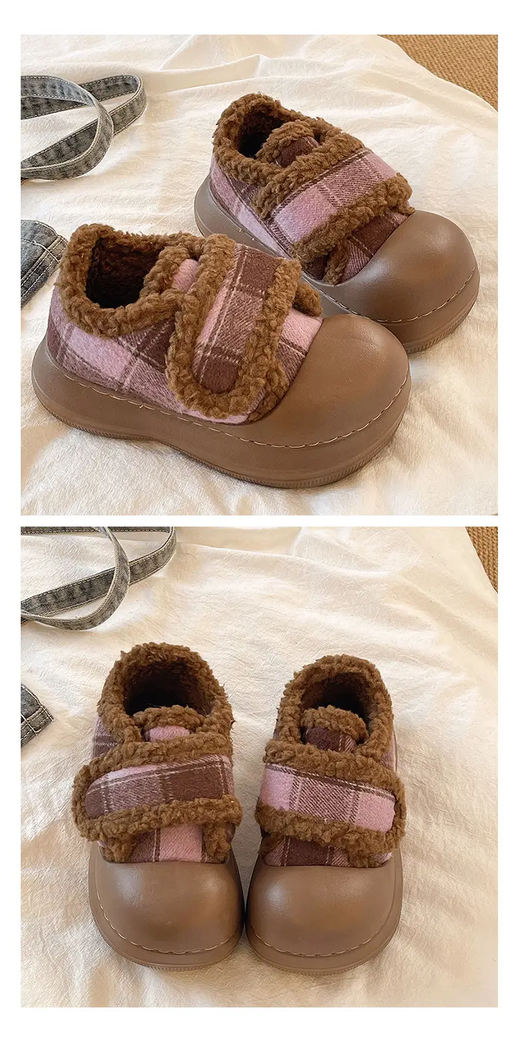 Velcro Cotton Shoes for Women in Winter Indoor Home Use Thick-Soled Non-Slip Fleece-Lined Heel Warm and Fashionable Plaid Cotton Slippers — feature 14