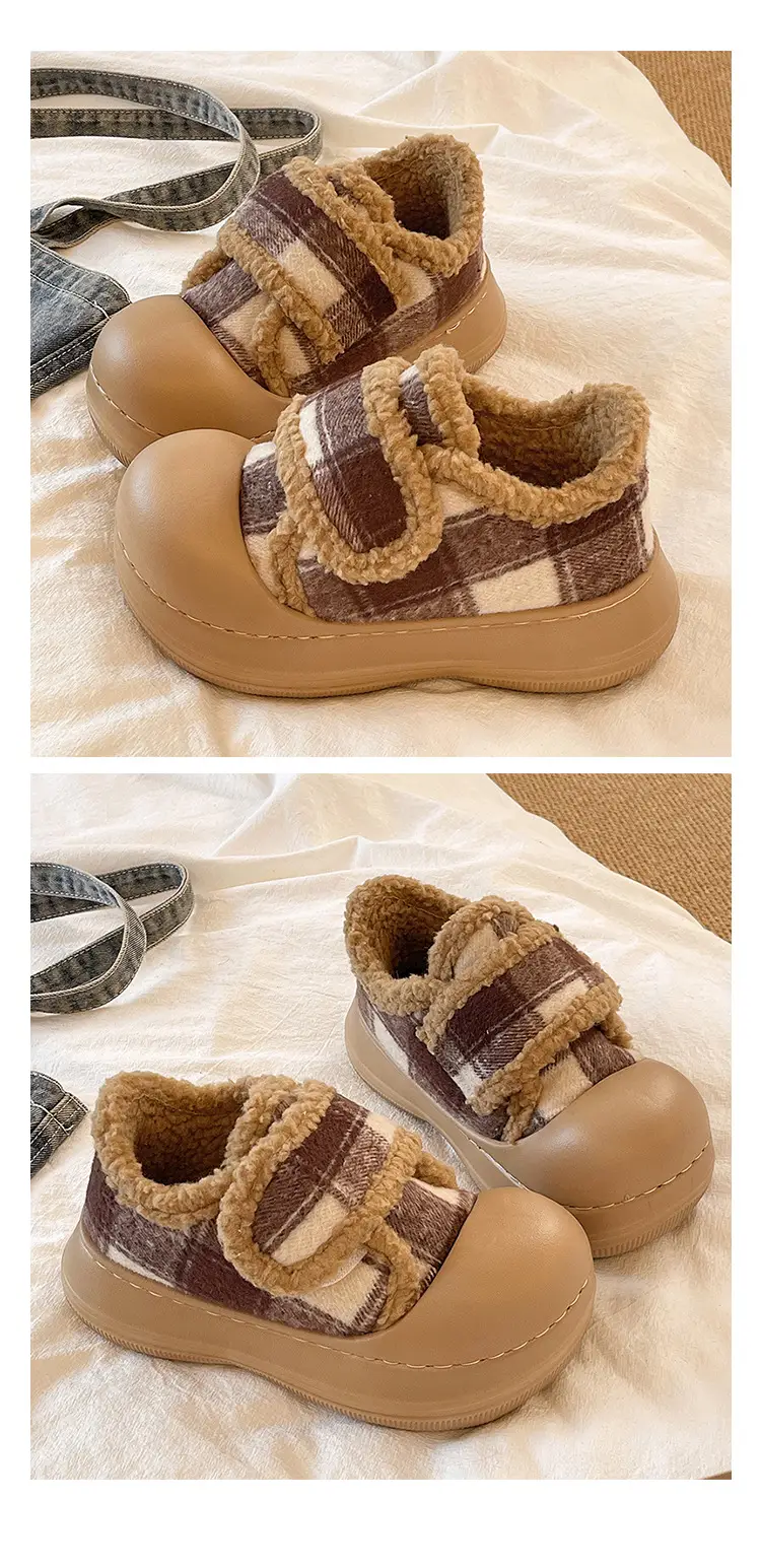 Velcro Cotton Shoes for Women in Winter Indoor Home Use Thick-Soled Non-Slip Fleece-Lined Heel Warm and Fashionable Plaid Cotton Slippers — feature 15