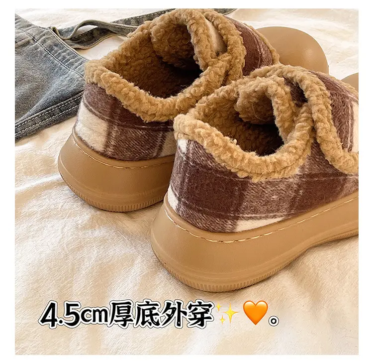 Velcro Cotton Shoes for Women in Winter Indoor Home Use Thick-Soled Non-Slip Fleece-Lined Heel Warm and Fashionable Plaid Cotton Slippers — feature 16