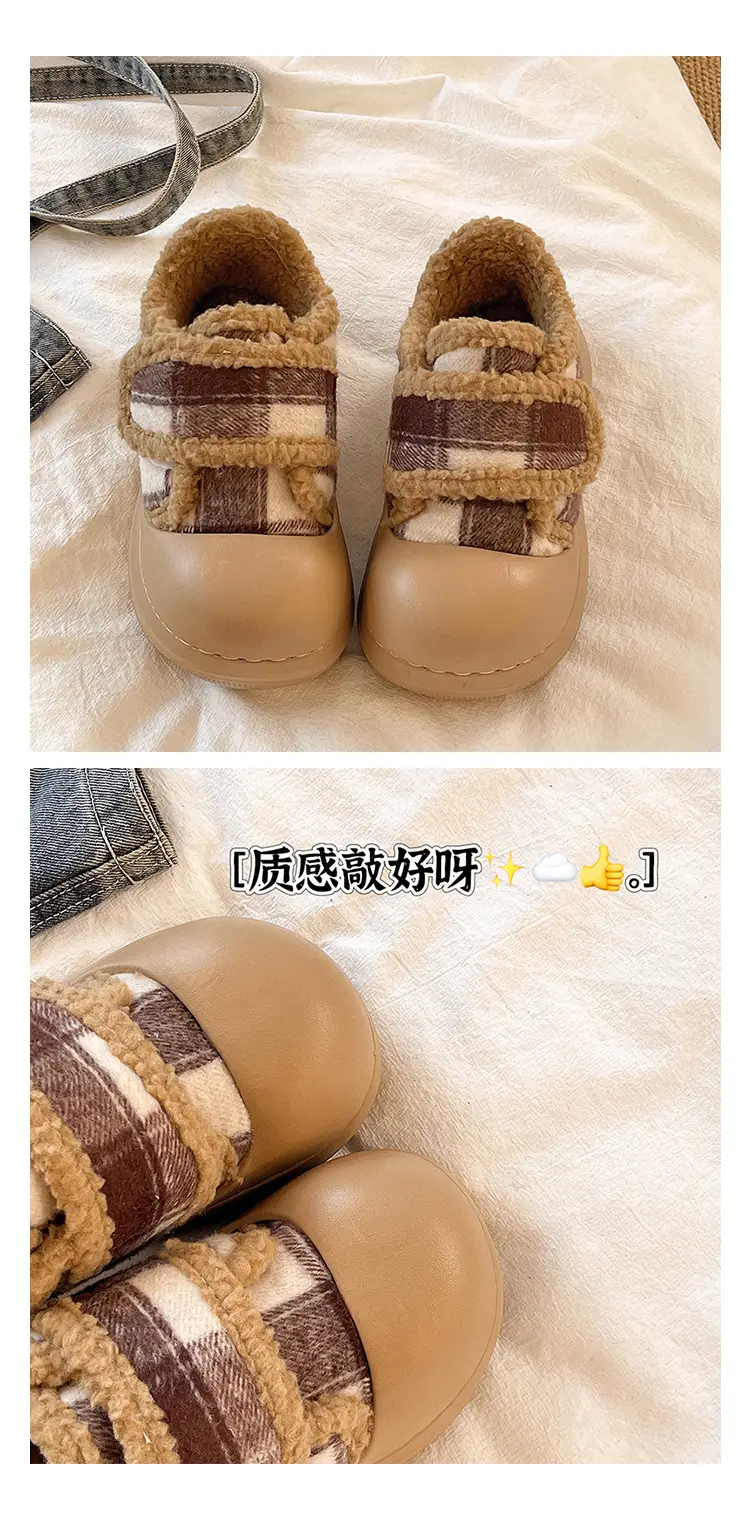 Velcro Cotton Shoes for Women in Winter Indoor Home Use Thick-Soled Non-Slip Fleece-Lined Heel Warm and Fashionable Plaid Cotton Slippers — feature 3