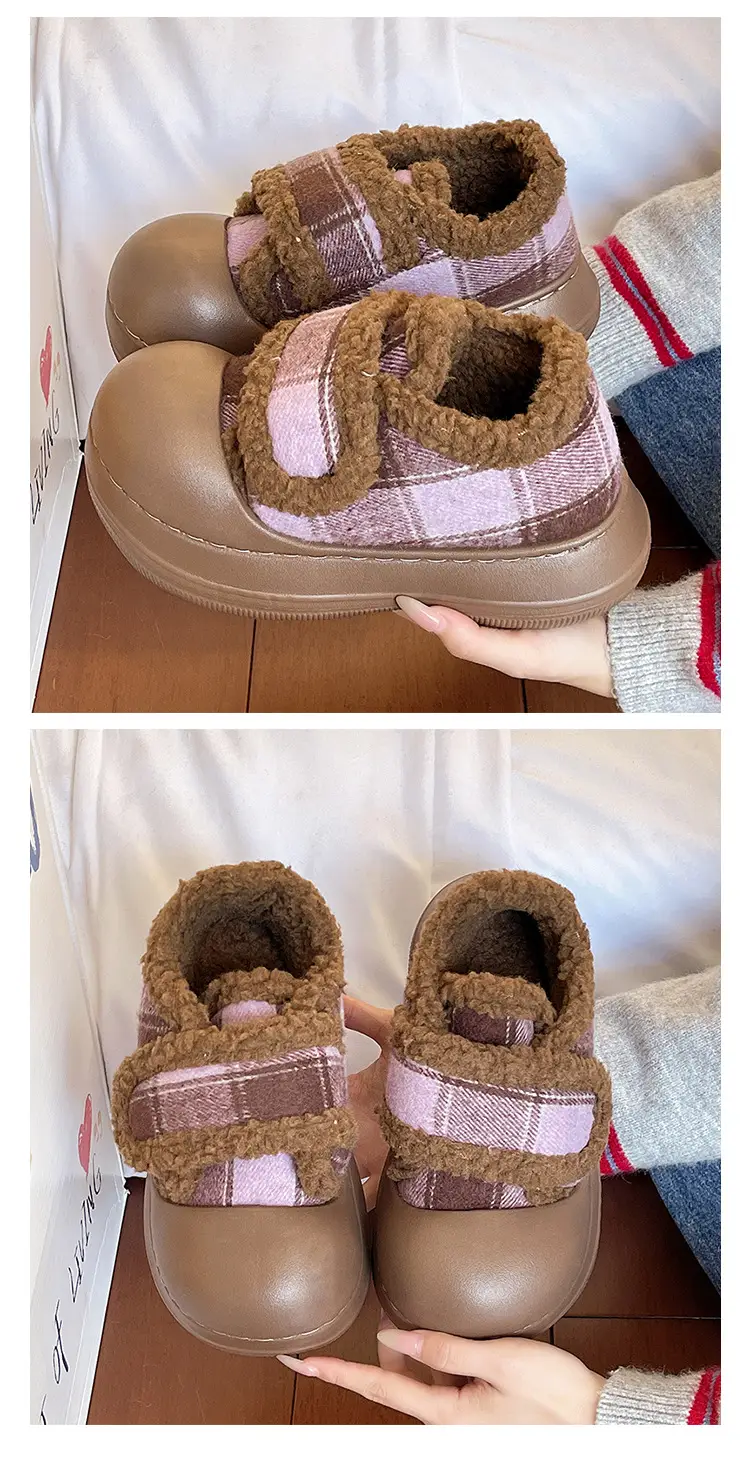 Velcro Cotton Shoes for Women in Winter Indoor Home Use Thick-Soled Non-Slip Fleece-Lined Heel Warm and Fashionable Plaid Cotton Slippers — feature 4