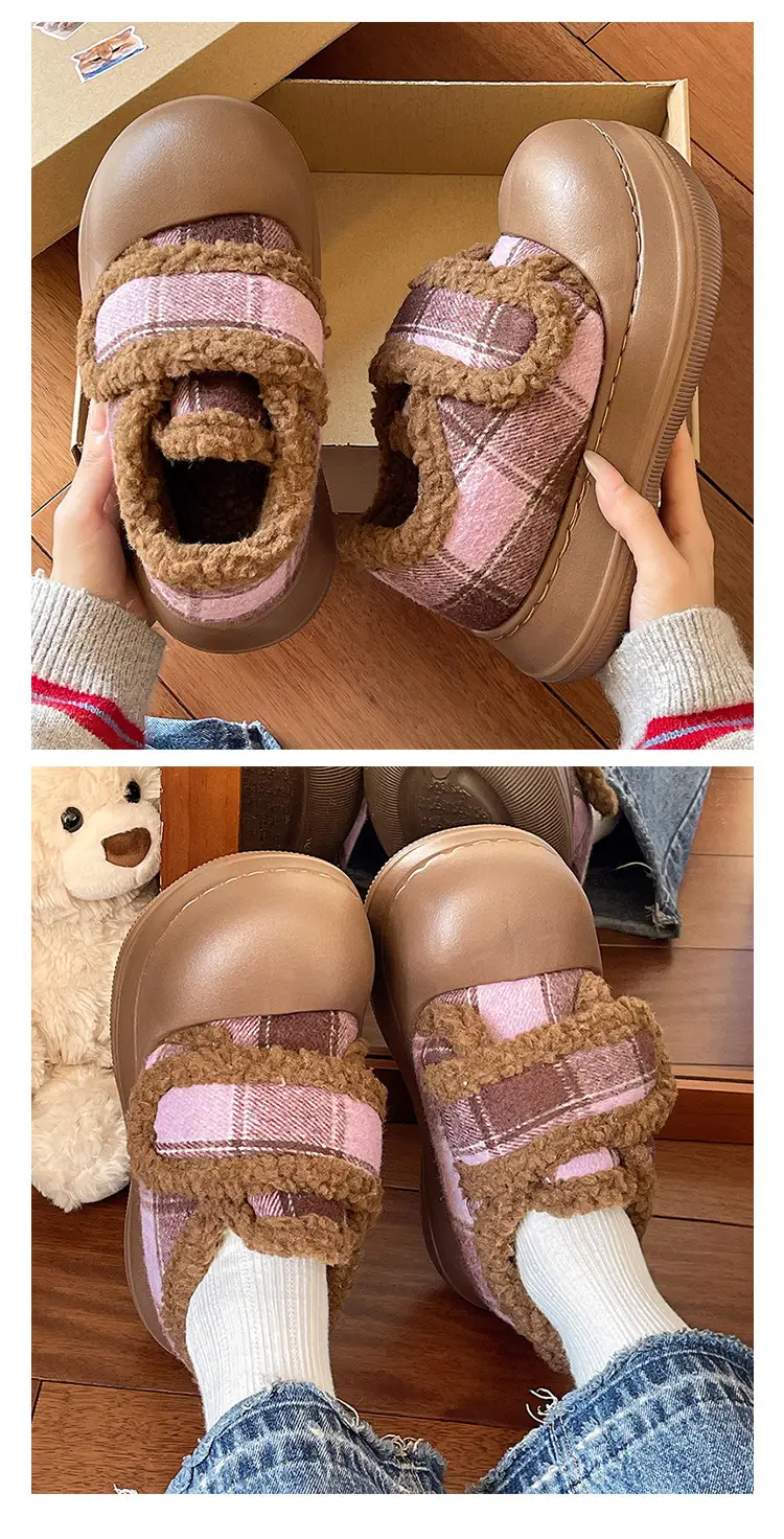 Velcro Cotton Shoes for Women in Winter Indoor Home Use Thick-Soled Non-Slip Fleece-Lined Heel Warm and Fashionable Plaid Cotton Slippers — feature 5
