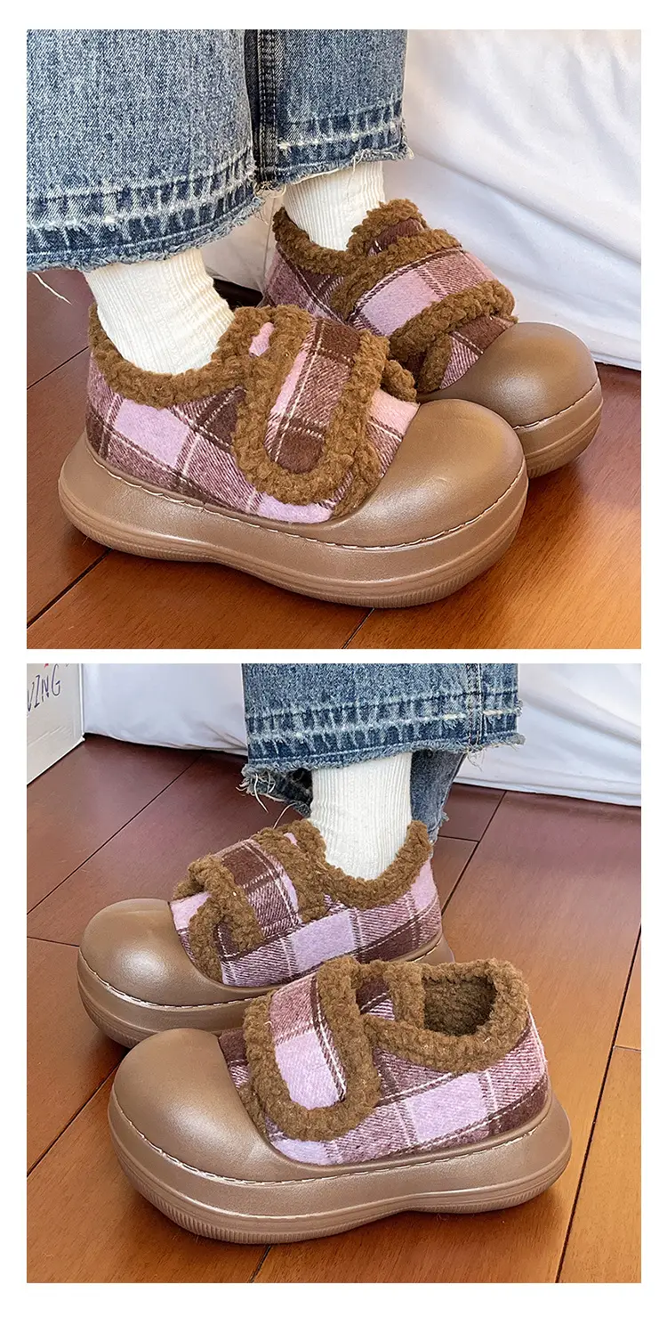 Velcro Cotton Shoes for Women in Winter Indoor Home Use Thick-Soled Non-Slip Fleece-Lined Heel Warm and Fashionable Plaid Cotton Slippers — feature 6