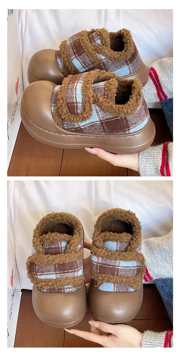 Velcro Cotton Shoes for Women in Winter Indoor Home Use Thick-Soled Non-Slip Fleece-Lined Heel Warm and Fashionable Plaid Cotton Slippers — feature 7