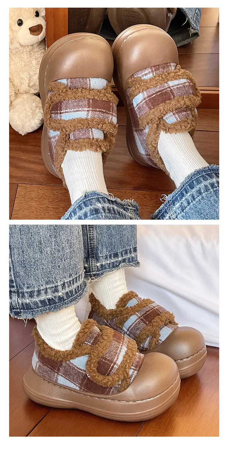 Velcro Cotton Shoes for Women in Winter Indoor Home Use Thick-Soled Non-Slip Fleece-Lined Heel Warm and Fashionable Plaid Cotton Slippers — feature 8